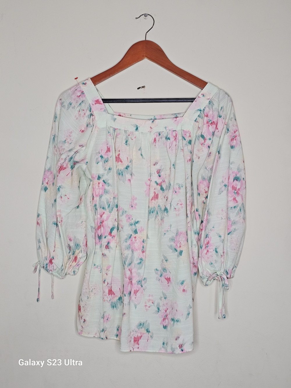 LC Lauren Conrad Mint Floral Off-Shoulder Blouse with Pink Accents